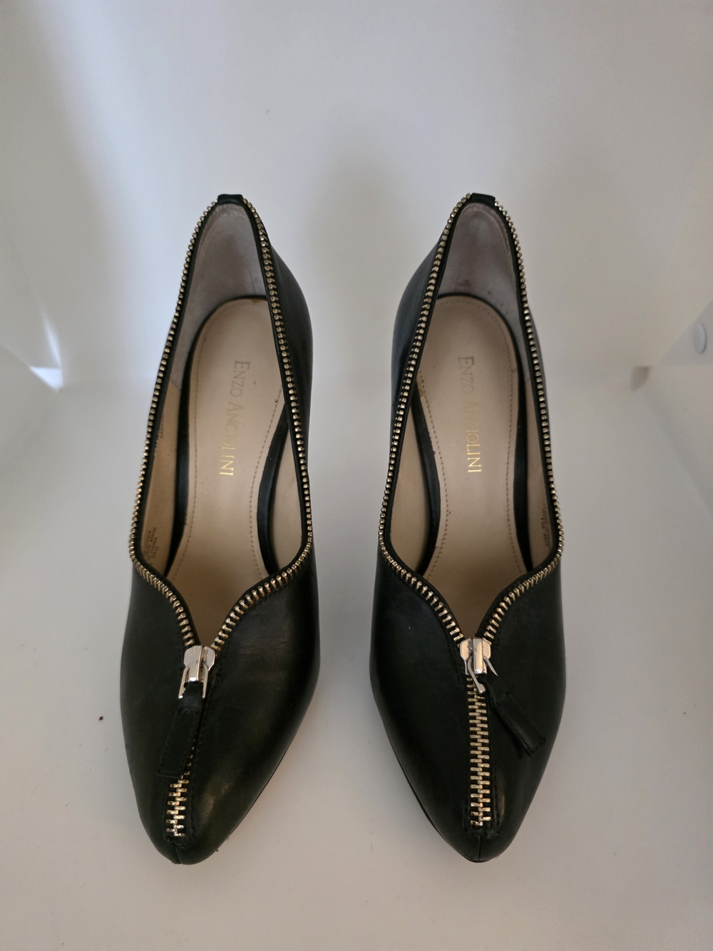Enzo Angiolini Black Leather Pointed-Toe Pumps with Gold Zipper